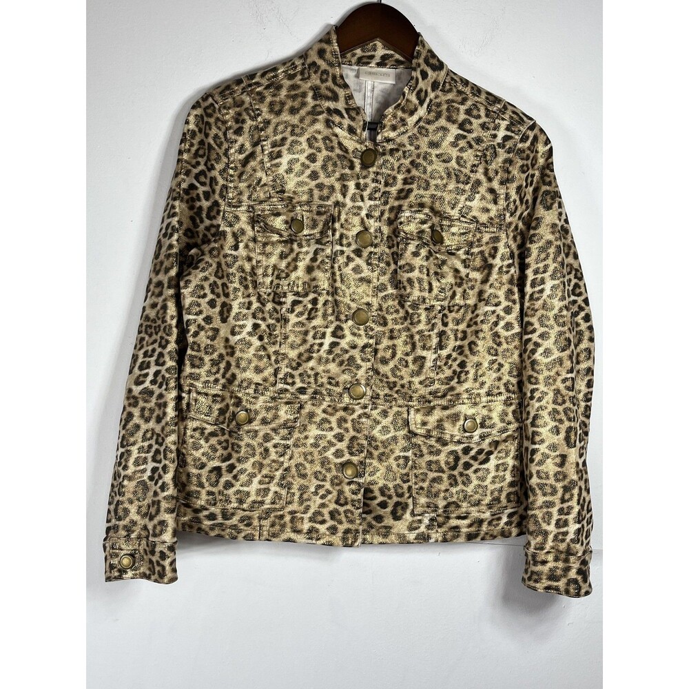 Chicos Jacket Womens 1 Brown Leopard Print Denim Button Front Glitter Metallic